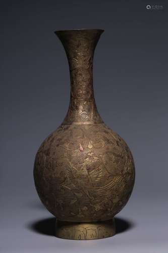 The Qing Dynasty,Phoenixand Peony Pattern Gilt Bronze Vase