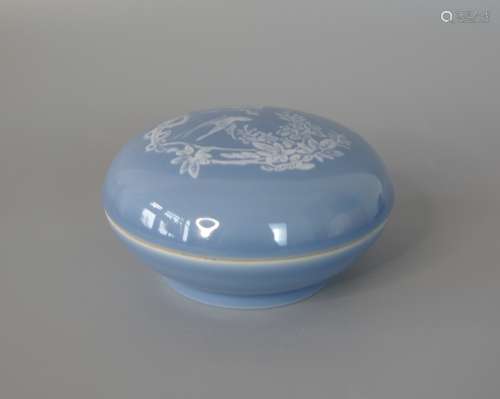 Jianguo Porcelain Factory Custom-Made For Hangzhou Xiling Seal Art Society, Birds and Flower Painting Celeste Blue Glaze Porcelain Box