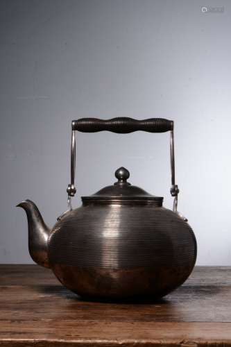 Showa Era Redwood Handle Silver Teapot