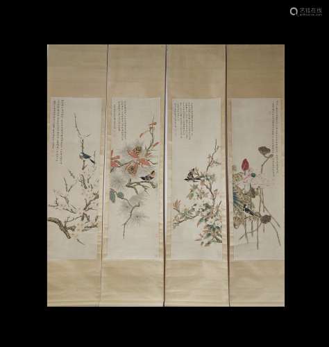 Ren Zhong, Flowers and Birds Vertical-Hanging Painting