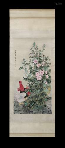 Liu Kuiling, Flowers and Rooster Vertical-Hanging Painting