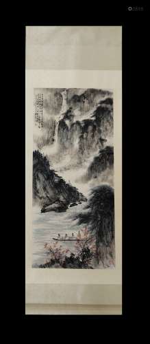 Fu Baoshi, Landscape and Figure Vertical-Hanging Painting