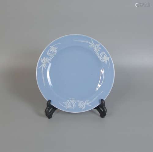 Jianguo Porcelain Factory For Offical Use During 1960-1970, Mangnolia Flowers Painting Celeste Blue Glaze Porcelain Plate