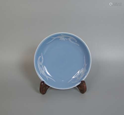 Jianguo Porcelain Factory For Offical Use During 1960-1970, Mangnolia Flowers Painting Celeste Blue Glaze Porcelain Saucer