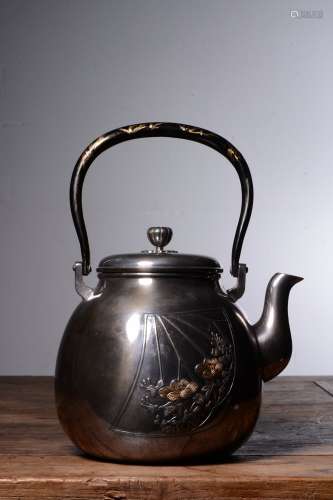 Showa Era Iron Handle Silver Gilt Teapot, 