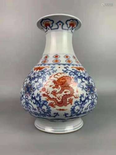Qing Dynasty, Qian Long Blue and White Porcelain Iron Red Glaze Twine Lotus Dragon Pattern Yuhu Spring Vase
