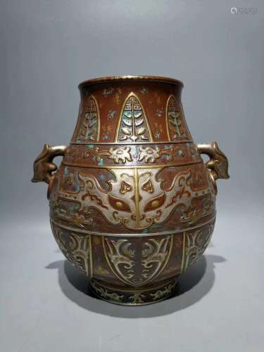 Da Qing Qian Long Nian Zhi Mark, Bronze Color Glaze Carved Dragon and Phoenix Luck Vase with Double Handles