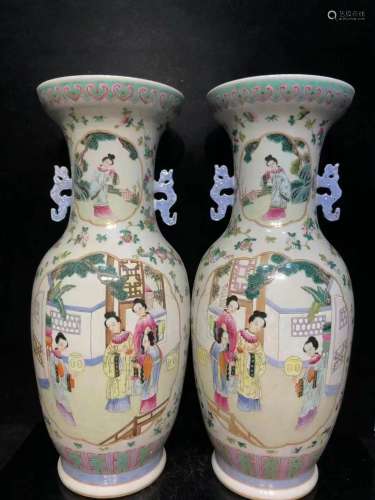 A Pair of Famille Rose Open Window Maiden Vases with double handles