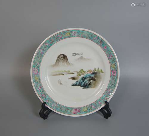 Art Porcelain Factory For Offical Use in 1970s, Landscape Painting Famille Rose Glaze Porcelain Plate