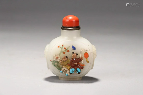 GEMSTONES INSET HETIAN WHITE JADE SNUFF BOTTLE