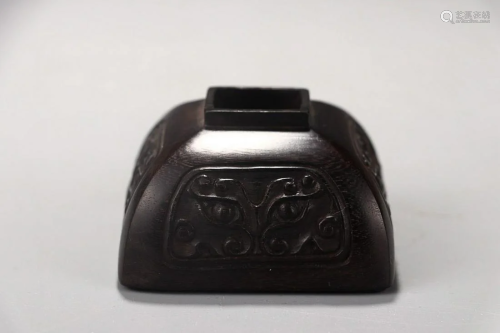 SANDALWOOD SQUARE WATER BOWL CARVED WITH TAOTIE