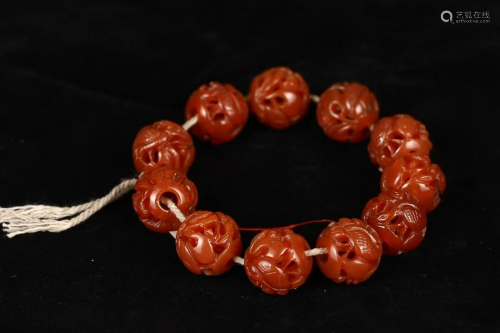 AGATE BEADED BRACELET CARVED WITH FLORAL