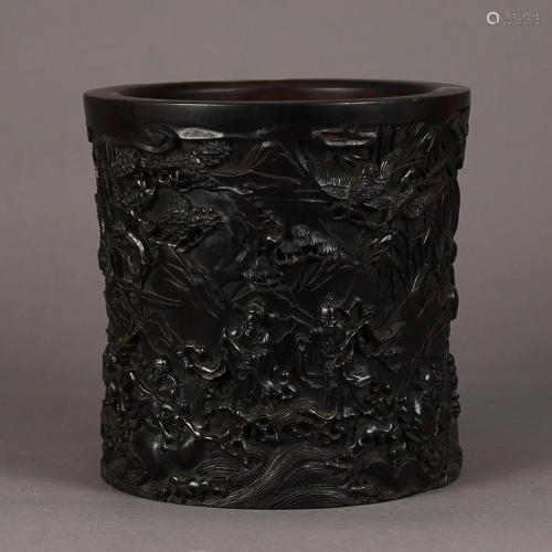SANDALWOOD BRUSH POT CARVED WITH FIGURE STORY