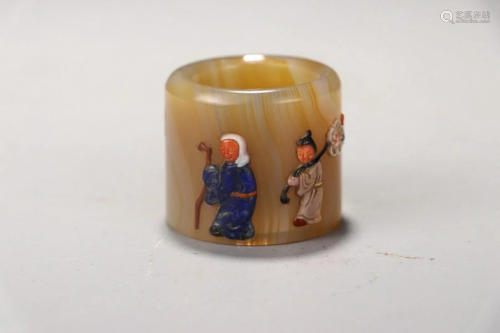 GEMSTONES INSET AGATE THUMB RING CARVED WITH FIGURE