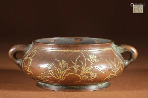 PARCEL GILT COPPER ALLOY CENSER CAST WITH LOTUS POND