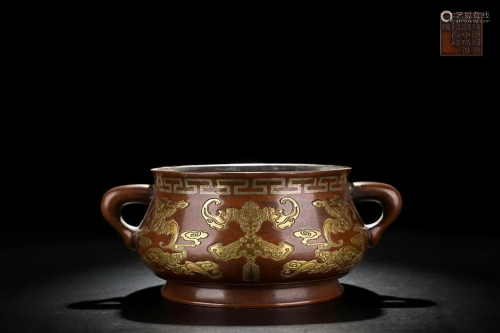 PARCEL GILT AND SILVER INSET COPPER ALLOY CENSER WITH