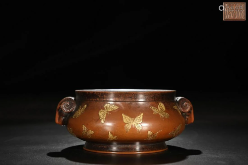 PARCEL GILT COPPER ALLOY CENSER CAST WITH 'BUTTERFLY