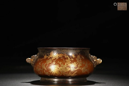 PARCEL-GILT COPPER ALLOY CENSER CAST WITH BIRDS AND