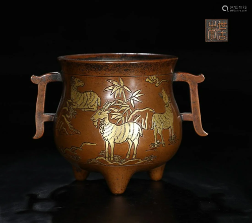 PARCEL-GILT COPPER ALLOY CENSER CAST WITH THREE GOATS