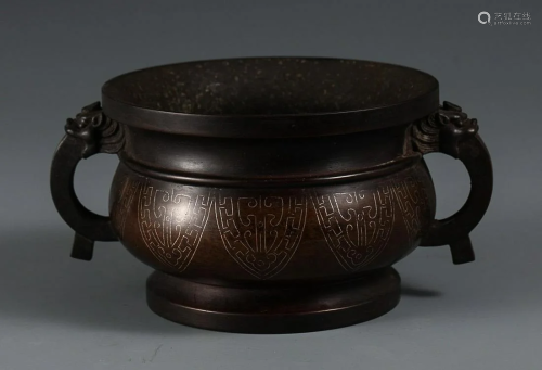 SILVER INSET COPPER ALLOY CENSER WITH BEAST HANDLES