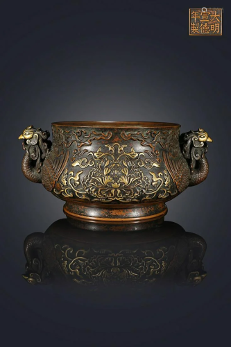 PARCEL-GILT COPPER ALLOY CENSER CAST WITH PEONY AND