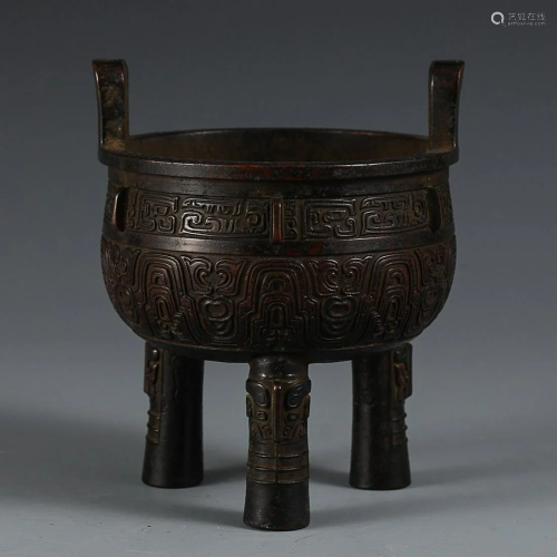 COPPER ALLOY TRIPOD CENSER CAST WITH BEAST AND HANDLES