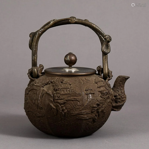 COPPER ALLOY WATERPOT CAST WITH LANDSCAPE AND BEAST