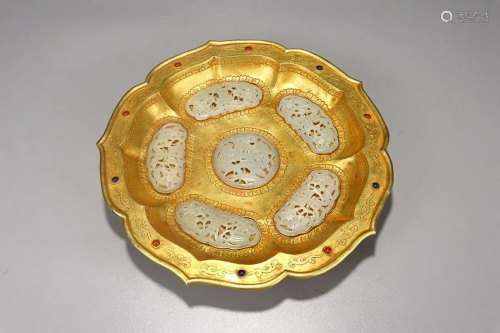 HETIAN WHITE JADE INSET GILT COPPER ALLOY CHARGER