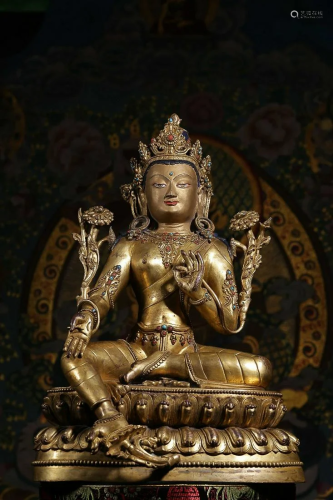 GEMSTONES INSET GILT COPPER ALLOY FIGURE OF TARA