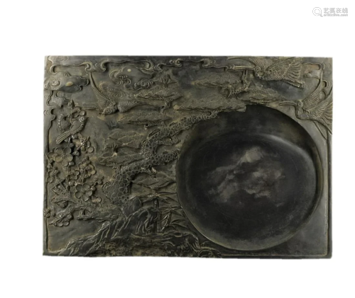 DUAN INKSTONE CARVED WITH CRANES AND WINTER PLANTS