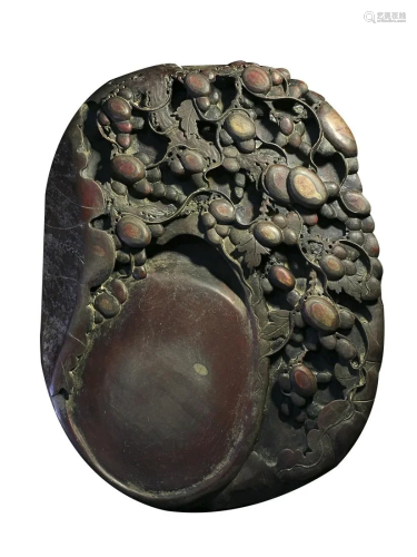 CINNABAR DUAN INKSTONE CARVED WITH GRAPES