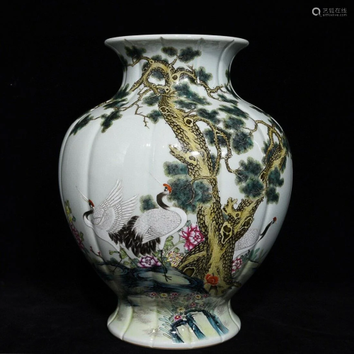 FAMILLE ROSE 'CRANE AND PINE TREE' ZUN VASE WITH FLUTED
