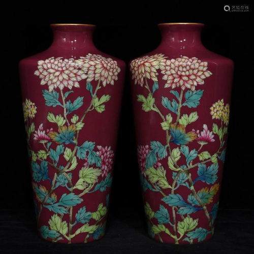 RED GROUND FAMILLE ROSE 'FLORAL' MEIPING VASE