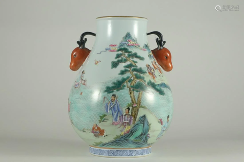 FAMILLE ROSE 'FIGURE STORY' ZUN VASE WITH DEER HANDLES