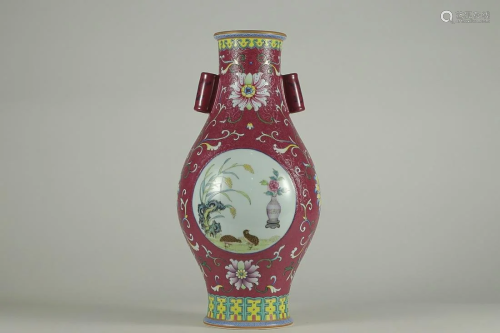 RED GROUND FAMILLE ROSE 'FLORAL' VASE WITH TUBULAR