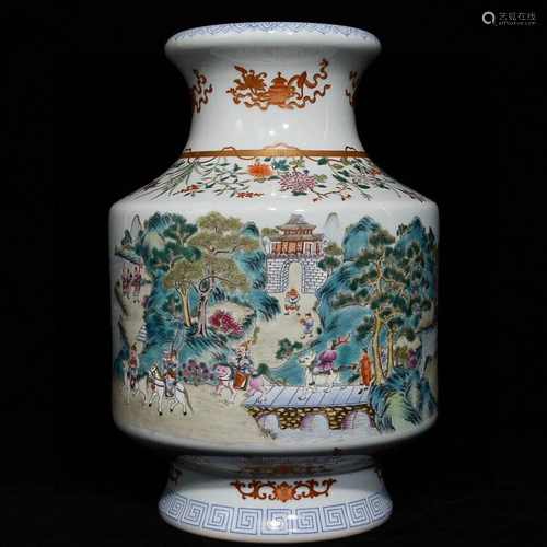 FAMILLE ROSE 'FIGURE STORY' LANTERN FORM VASE