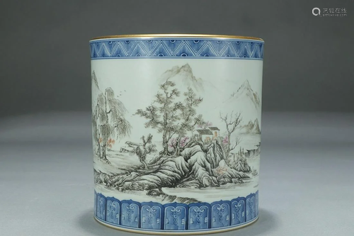 BLUE & WHITE AND MOCAI 'LANDSCAPE' BRUSH POT