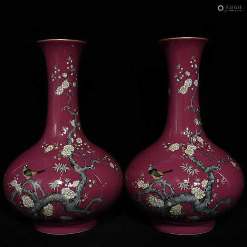 RED GROUND FAMILLE ROSE 'BIRD AND FLOWER' VASE