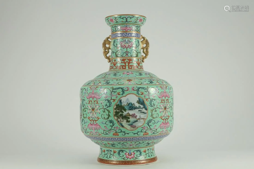 TURQUOISE GLAZED 'FLORAL' VASE WITH HANDLES