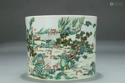 FAMILLE ROSE 'DEER' BRUSH POT