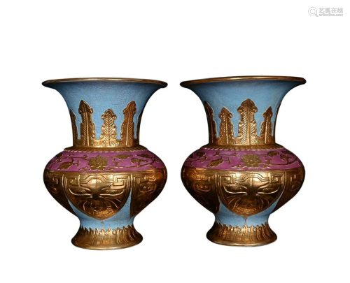 PAIR OF TURQUOISE GLAZED AND GOLD 'BEAST' GU VESSELS