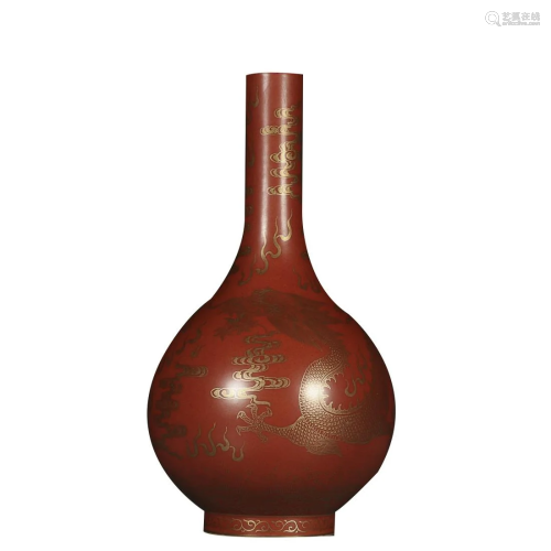 RED GROUND GOLD 'DRAGON' PEAR FORM VASE