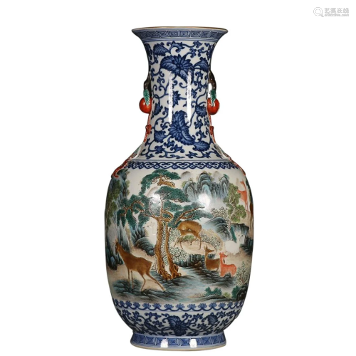 BLUE & WHITE AND FAMILLE ROSE â€˜DEER' VASE WITH