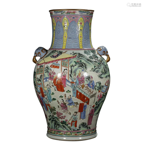 FAMILLE ROSE 'FIGURE STORY' VASE WITH ELEPHANT HANDLES