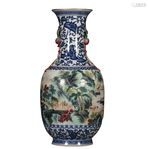BLUE & WHITE AND FAMILLE ROSE 'FIGURE STORY' VASE WITH