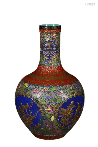 PAINTED ENAMEL 'BIRD AND FLORAL' GLOBULAR VASE