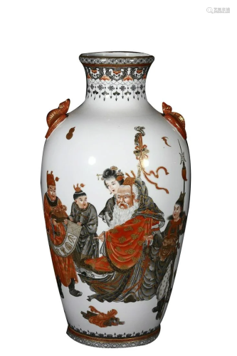 PAINTED 'FIGURE STORY' VASE WITH BAT HANDLES