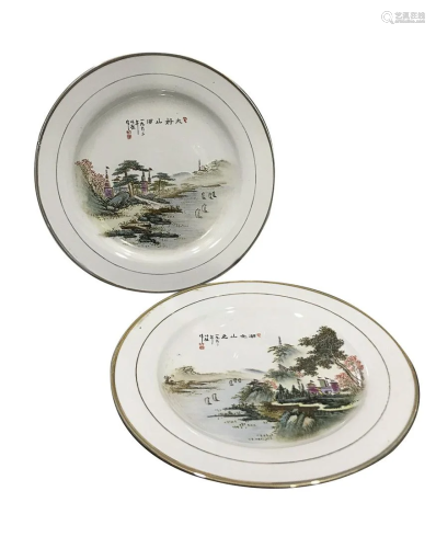 PAIR OF FAMILLE ROSE 'LANDSCAPE' CHARGERS