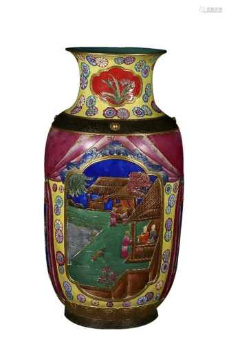 PAINTED ENAMEL 'FIGURE SROTY' VASE