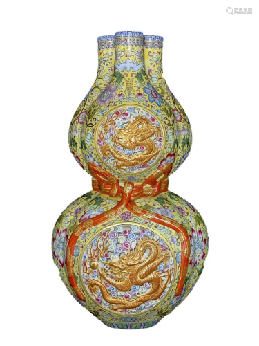YELLOW GROUND 'FLORAL' DOUBLE-GOURD VASE